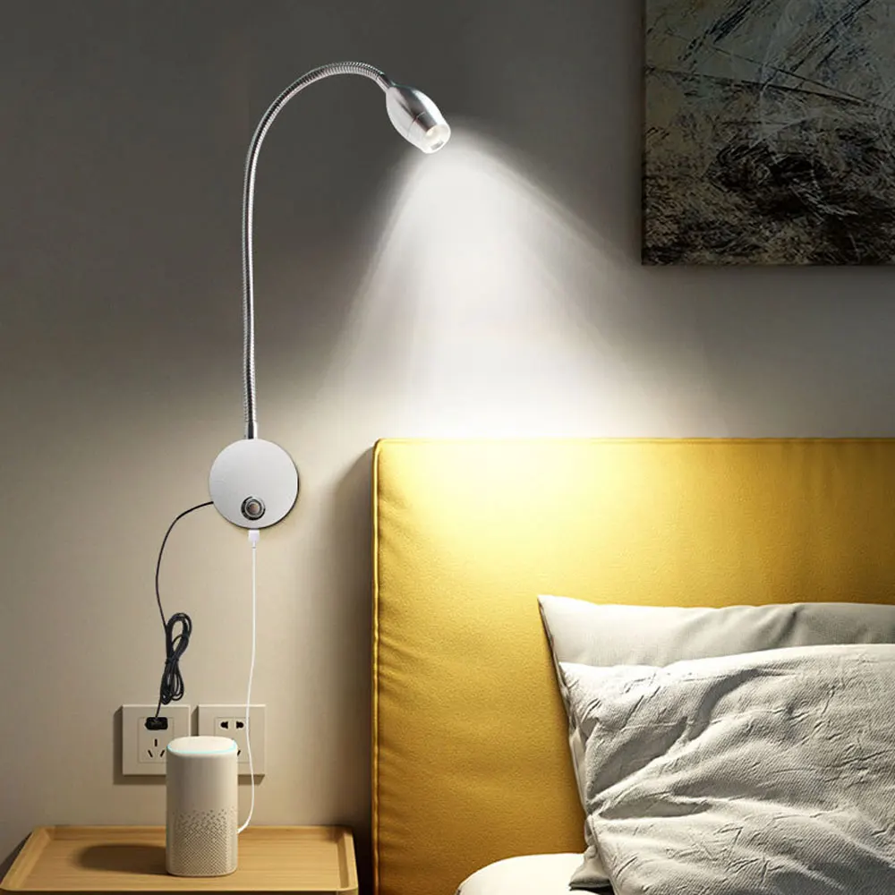 

LED Touch Wall Lamp With USB Charging Port 3W Bedroom Lamps Home Gooseneck Bedside Reading Light Silver Warm White Lights