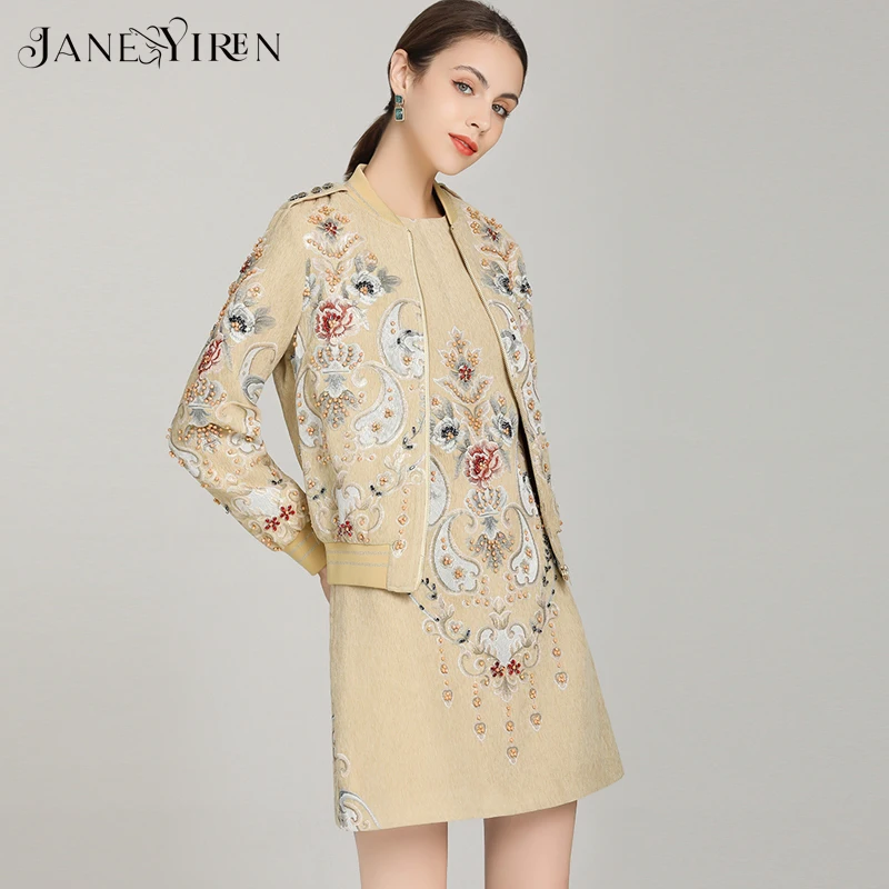 

Janeyiren, модное дизайнерское осеннее платье, женское жаккардовое короткое платье с длинным рукавом и цветочным принтом, комплект из 2 предмето...