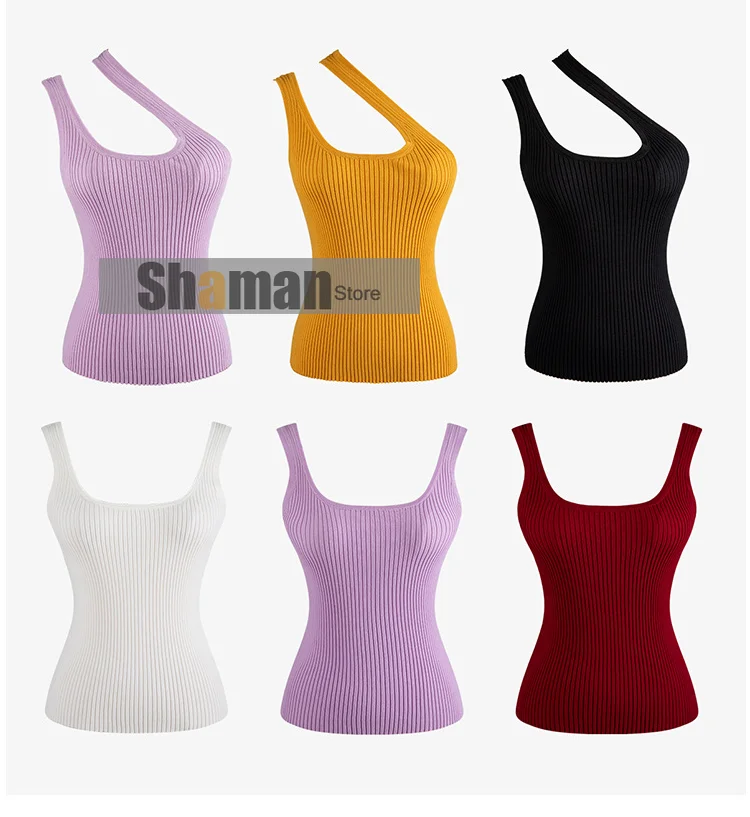 luxury designer women 2021 summer Camisole Top Female Temperament Shoulder Neck Elastic Slim Thin Knitted sexy Tops Tanks Camis