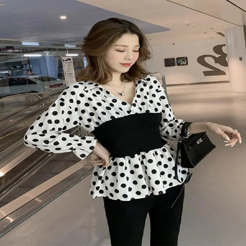 

Women Spring Autumn Style Chiffon Blouses Women Casual Long Sleeve V-Neck Polka Dot Shirts Vintage Women Patchwork Tops DF3354