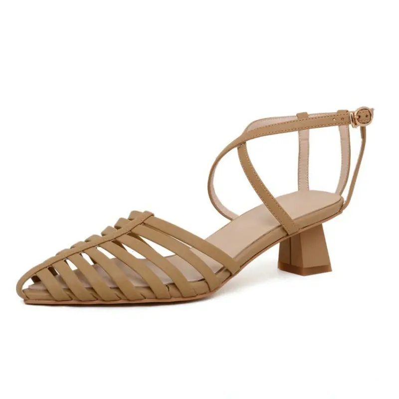 

Sianie Tianie 2021 Summer Genuine Natural Leather Pointed Toe Hallow Cut-out Bandage Strap Middle Heels Womens Gladiator Sandals