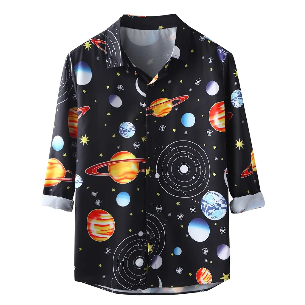 Мужская рубашка с отложным воротником и принтом Планеты длинными рукавами