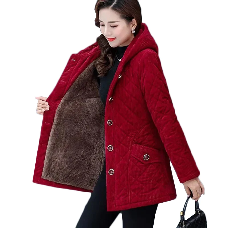 

New Women Jacket Winter Plus Fleece Thicke Corduroy Outerwear Parker Female Hooded Cotton Padded Coat Plus Size 5XL Basic Coats