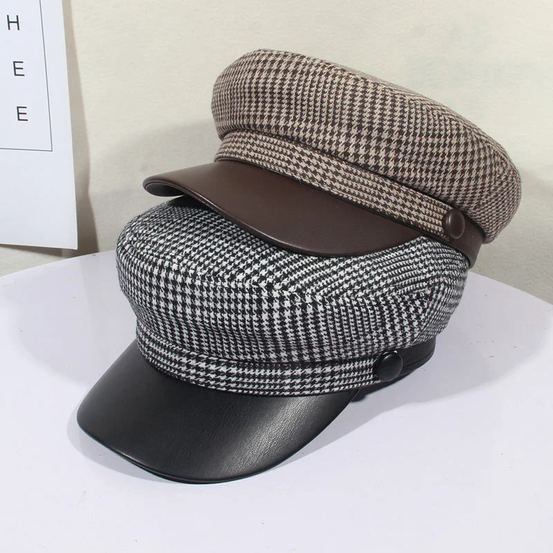 

Japanese Stripe Stitching PU Leather Flat Navy Hats For Women Autumn Winter New British Peaked Cap Berets Octagonal Hat