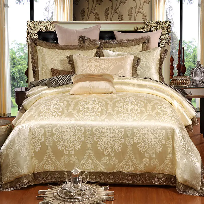 Бежевый жаккардовый атласный кружевной комплект постельного белья в