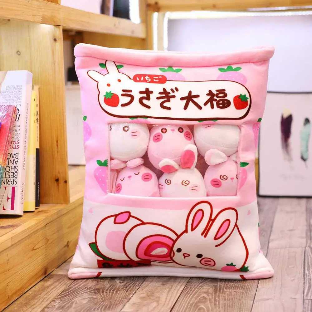 

A Plushie Bag Pudding Toys Mini Animals Balls Doll Sakura Bunny Pig Hamster Penguin Fruits Strawberry Banana Candy Bag for Nap