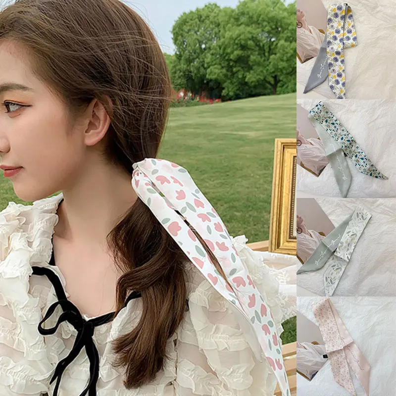 

Маленький цветочный светлый шелковый шарф, повязка на голову, милая стильная Длинная лента, завязка для волос для женщин, милые аксессуары д...