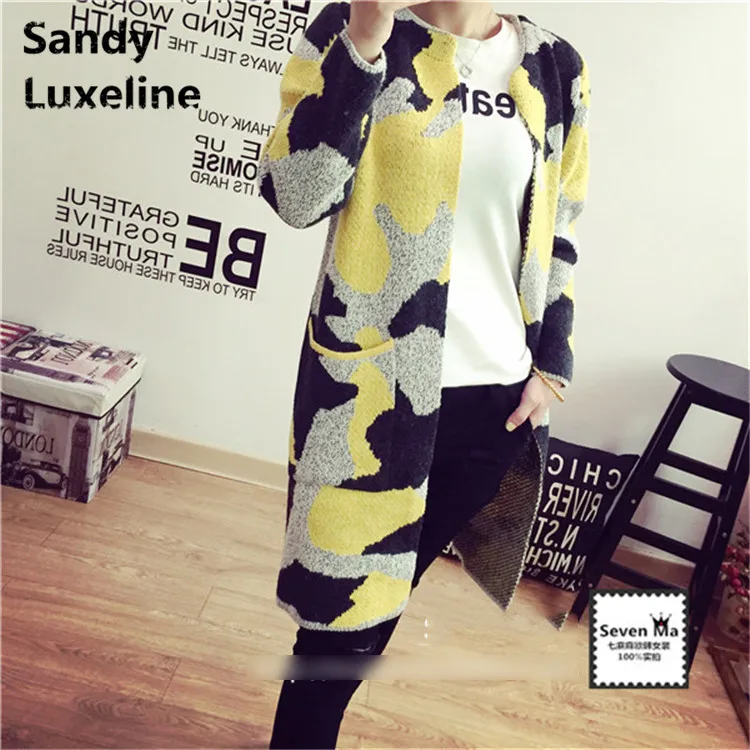 Женский длинный кардиган камуфляжной расцветки Свободный вязаный базовое