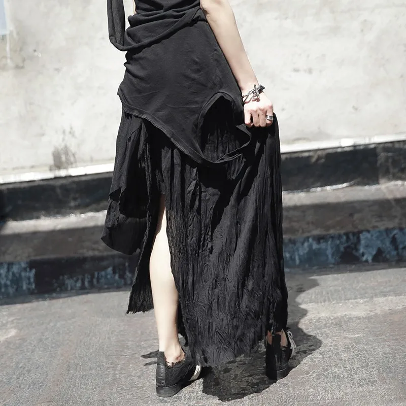 

[EAM] High Elastic Waist Black Irregular Pleated Vent Long Half-body Skirt Women Fashion Tide New Spring Summer 2021 JL449