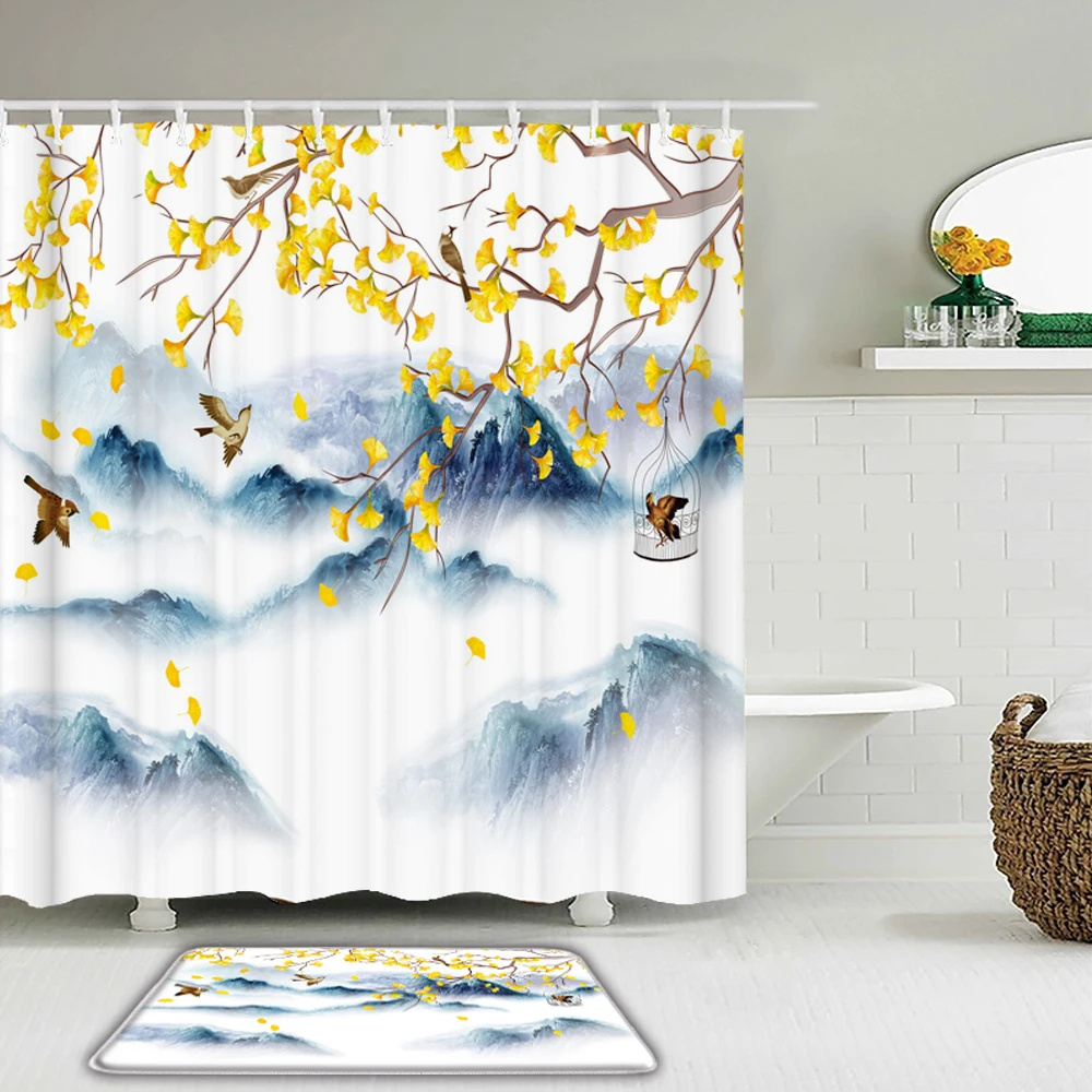 

Занавеска для душа в китайском стиле с изображением пейзажа птиц, водонепроницаемая ткань, нескользящий коврик для ванной, 2 шт./компл.