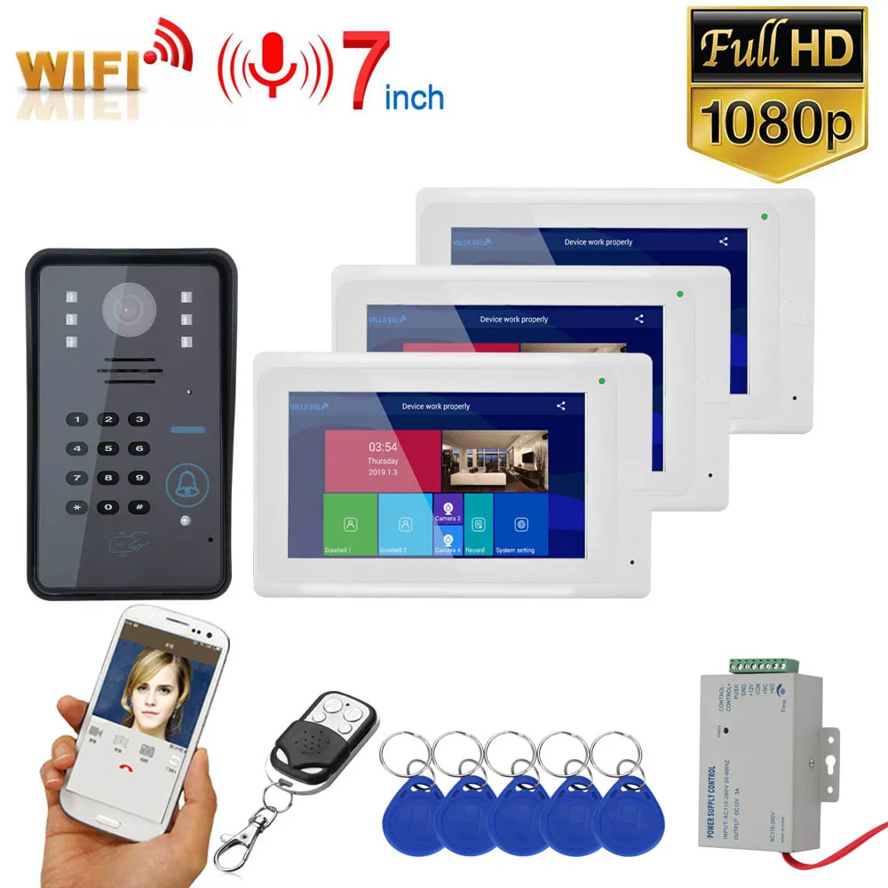 7 дюймовые Беспроводной wi-fi RFID пароль видео-телефон двери дверной звонок домофон Системы с проводной IR-CUT 1080P проводной камер