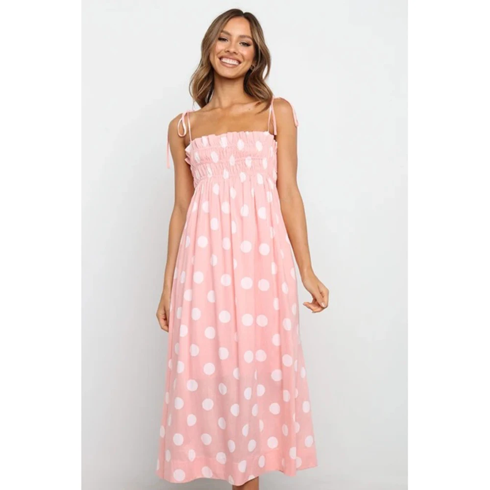 

African Women 2022 Summer Spaghetti Strap Dress Vintage Polka Dot Print Slash Neck Mini Sundress Elastic Big Swing Vestidos