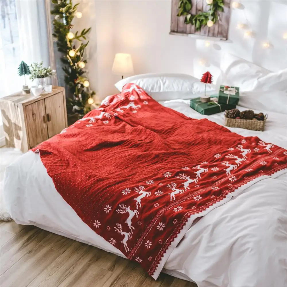 

REGINA Brand Christmas Decoration Blanket Double Jacquard Red Gray Natale Snowflake Elk Embroider Sofa Bed Knitted Throw Blanket