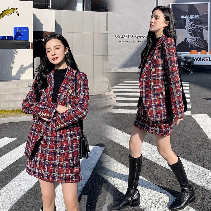 

CBAFU autumn winter tweed 2 piece set women wool suit jacket double breasted plaid skirt runway cashmere mini skirts blazer M135