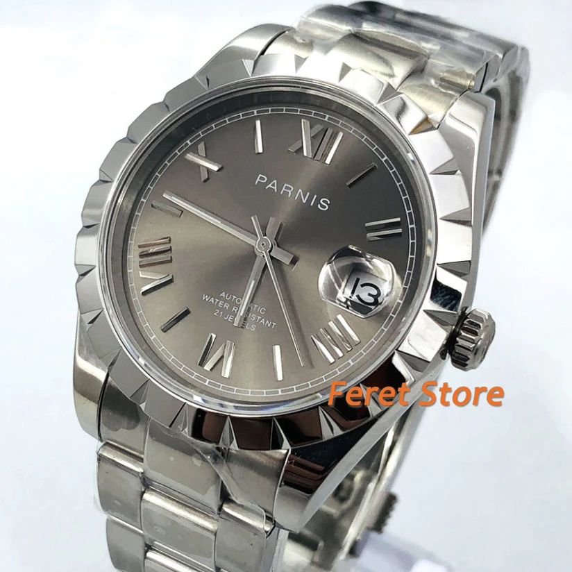 Мужские автоматические часы Parnis Роскошные водонепроницаемые Серебристые с
