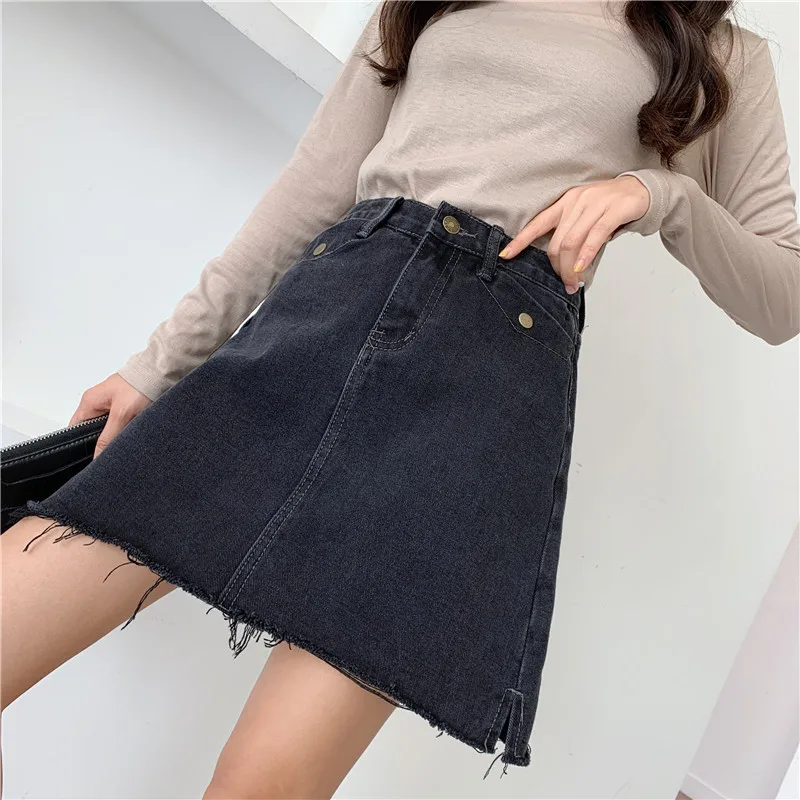 Черная уличная женская джинсовая юбка А-силуэта осень 2019 облегающая короткая
