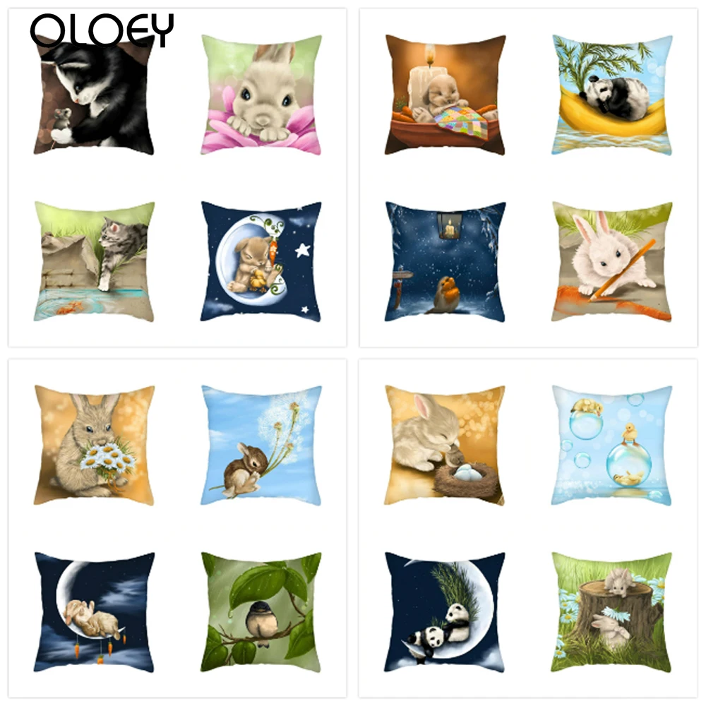 

Cartoon Rabbit Pattern Polyester Cushion Cover Panda Bird Animal Pillow Cover for Home Sofa Decorative Pillow Case 45x45cm