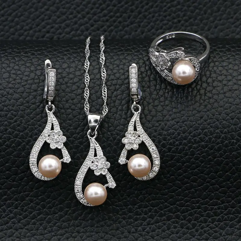 

Fire 925 Sterling Silver Jewelry Light Pink Pearl White Crystal Jewelry Set For Women Earrings/Ring/Pendant/Necklace