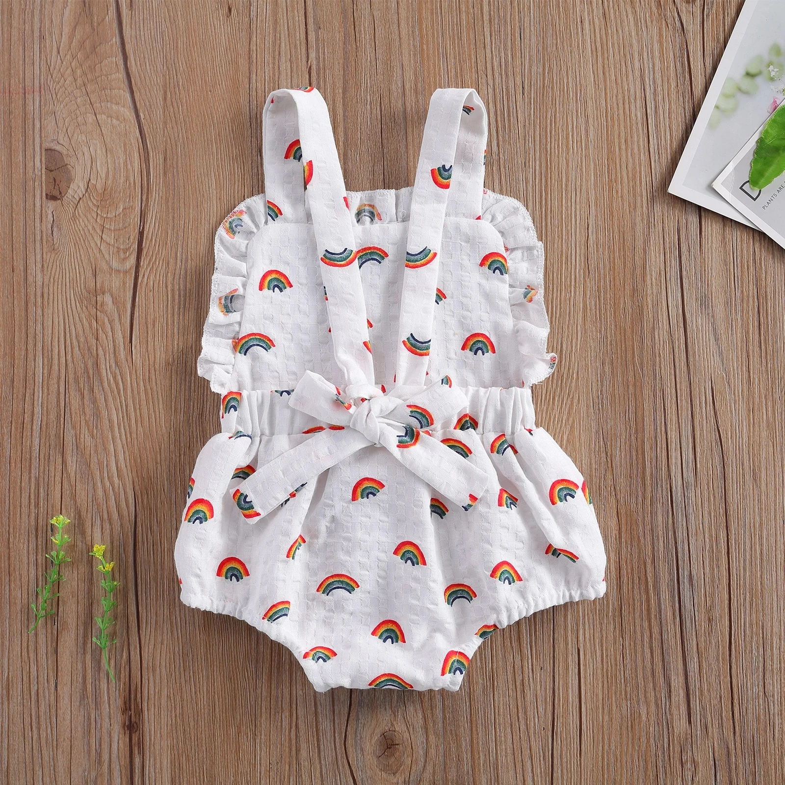 

Infant Baby Girl Rainbow Printed One-piece Jumpsuits Sleeveless Ruffled Neck Suspender Triangle Bodysuit for Summer