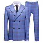 Мужской костюм, двубортный клетчатый смокинг для мужчин, светильник-синий классический дизайнфрак жениха, мужской комплект из 2 предметов (Блейзер + брюки)