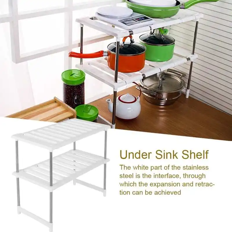 

2-Tier Storage Cabinet Stainless Steel Expandable Storage Organizer Sink Rack Cooking Pot Shelf Bowl Holder Kitchen Supply