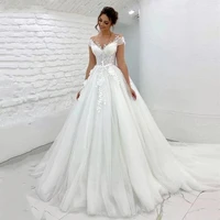 2022 elegant tulle princess wedding dress sheer neck cap sleeves lace applique bridal dress with back buttons vestido de noiva