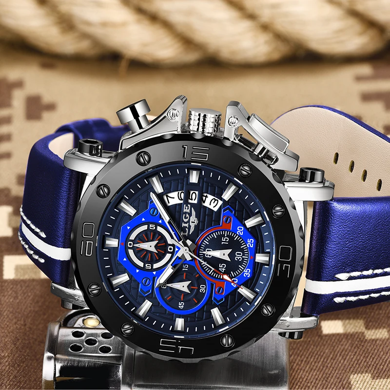 

LIGE New Mens Watches Top Brand Luxury Big Dial Military Quartz Watch Leather Waterproof Man Sport Male Clock Relogio Masculino