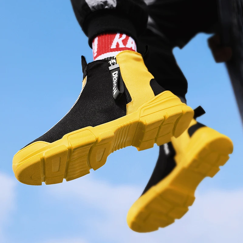 

Men Ankle Boots Work Shoes Round Toe High-top Zipper Shoes Motorcycle Booties Low Heel Mid Calf Boots Zapatos De Hombre
