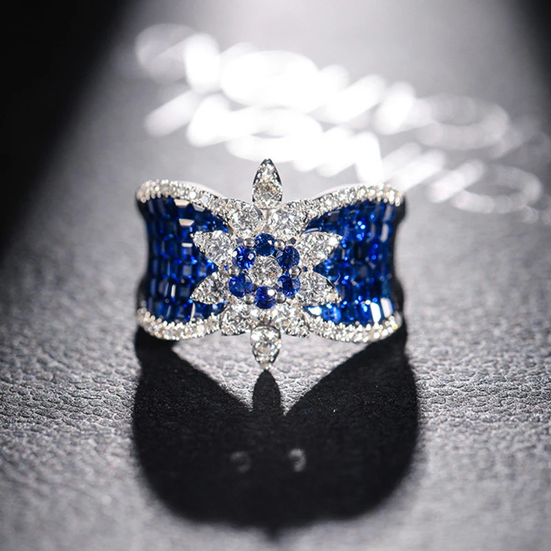 

Fine Jewelry Geometric Fashion Flower Rings Inlay Blue White Cubic Zirconia Women's Charm Wedding Engagement Wear Accessories