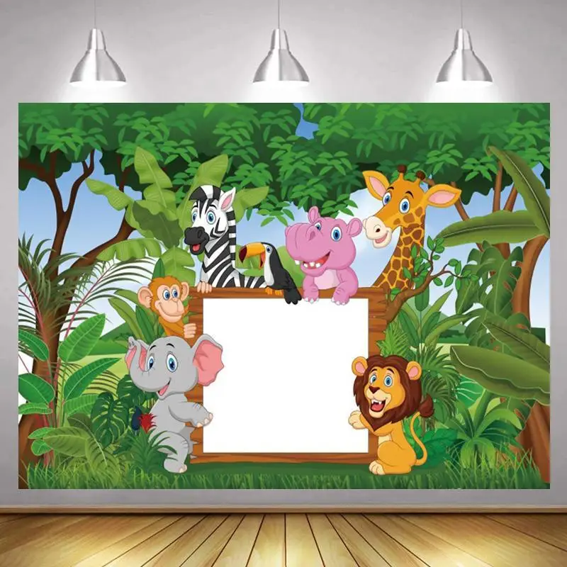 

Green Forest Cartoon Animals Jungle Party Backdrops Photography Customize Newborn Baby Shower Kids Birthday Photo Backgrounds