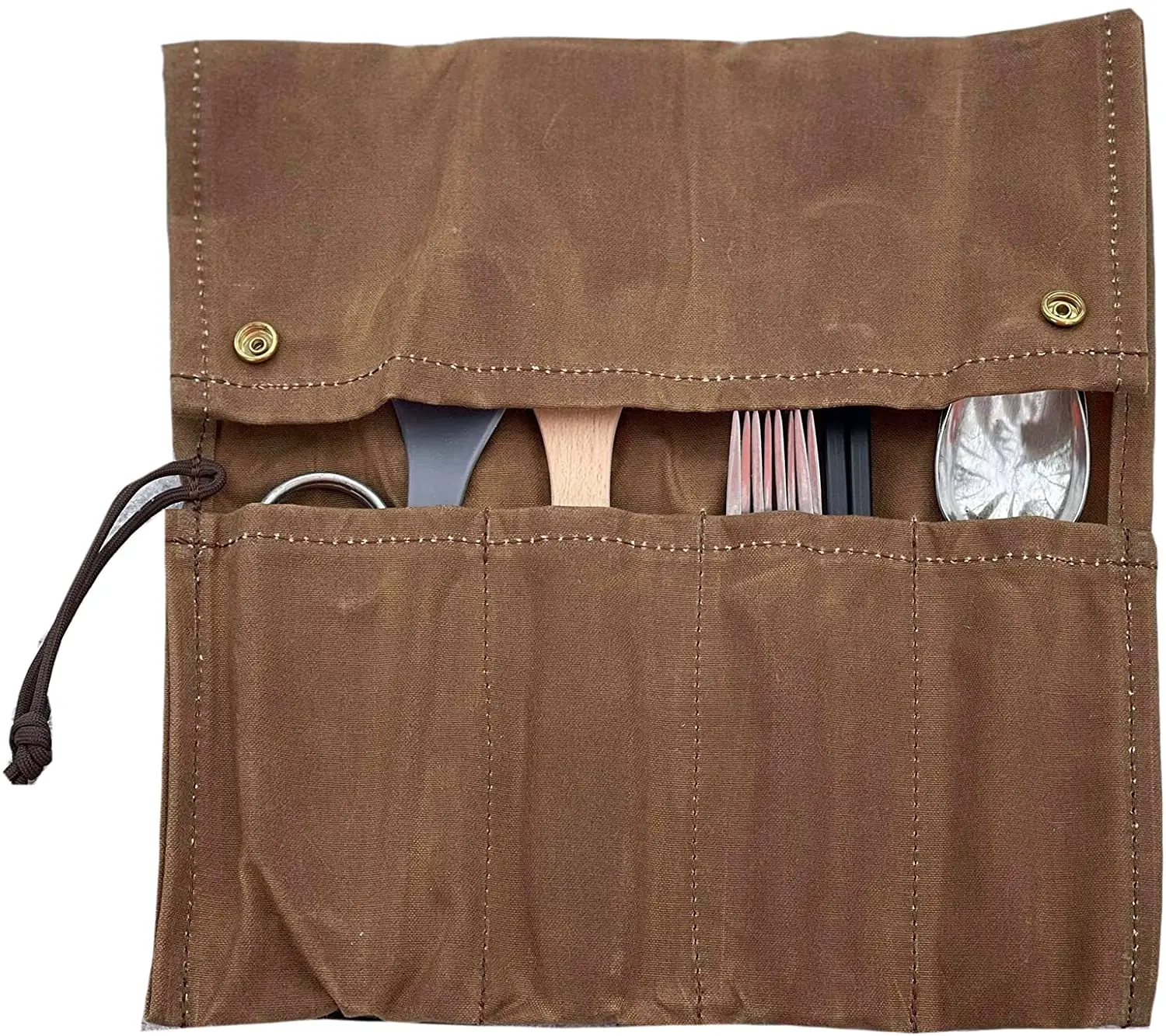 

Camp Kitchen Roll Waxed Canvas Chefs Roll Cutlery Roll Tool Camping Utensils Cooking Bag 2021 New Arrival