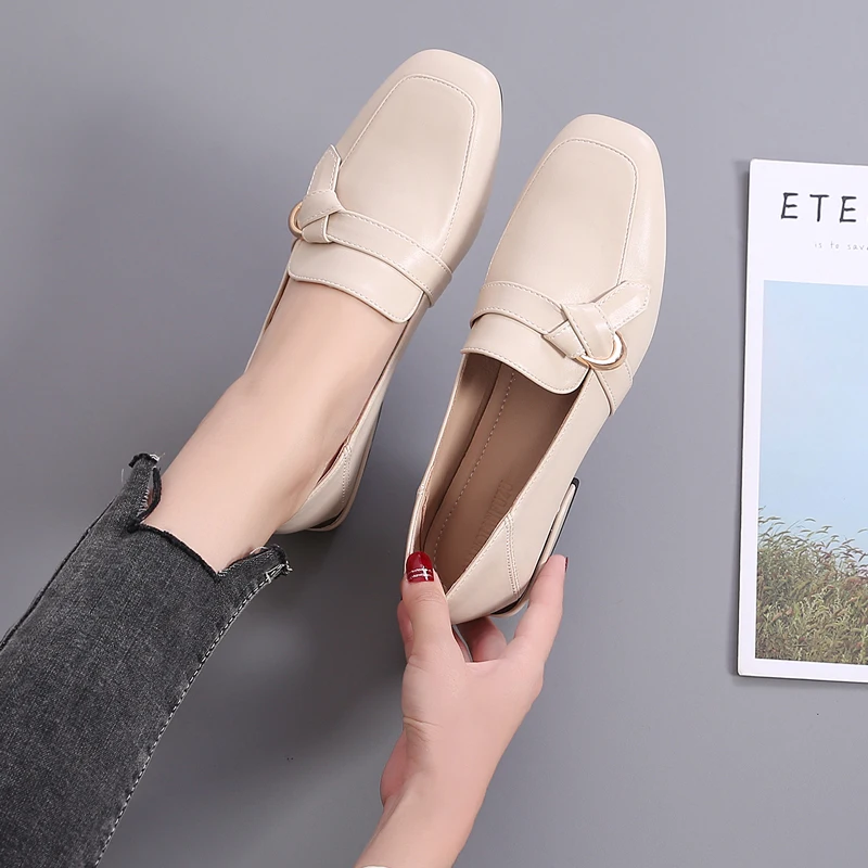 Size 43 Square Toe Slip on Leather Casual Shoes Woman Flats Loafers Korean Fashion Shoes Women Pumps High-quality Office Shoe