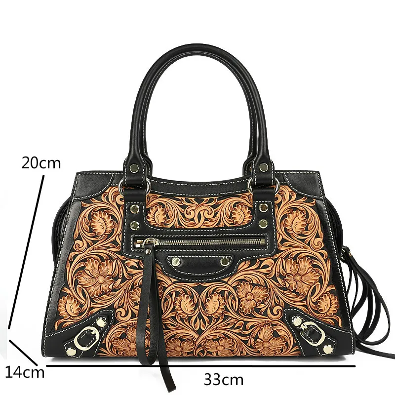 

Johnature 2021 New Genuine Leather High-end Hand-carved Luxury Handbags Women Bags Designer Retro Nature Cowhide Big Handbag