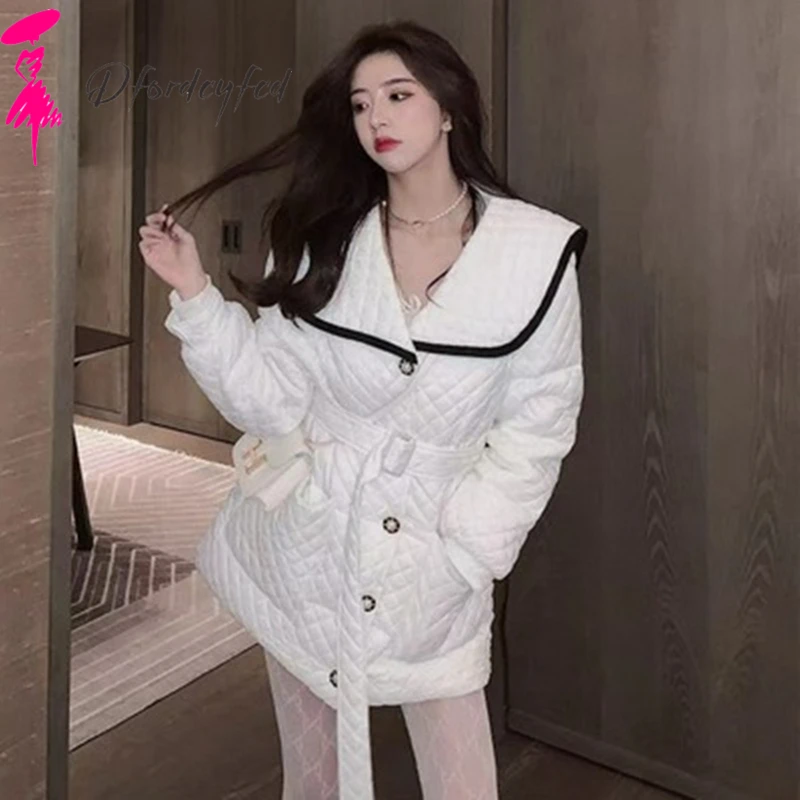 

Winter clothes women 2021 winter jacket clothes women Medium length thin and light fashion lapel waist loose coat jackets