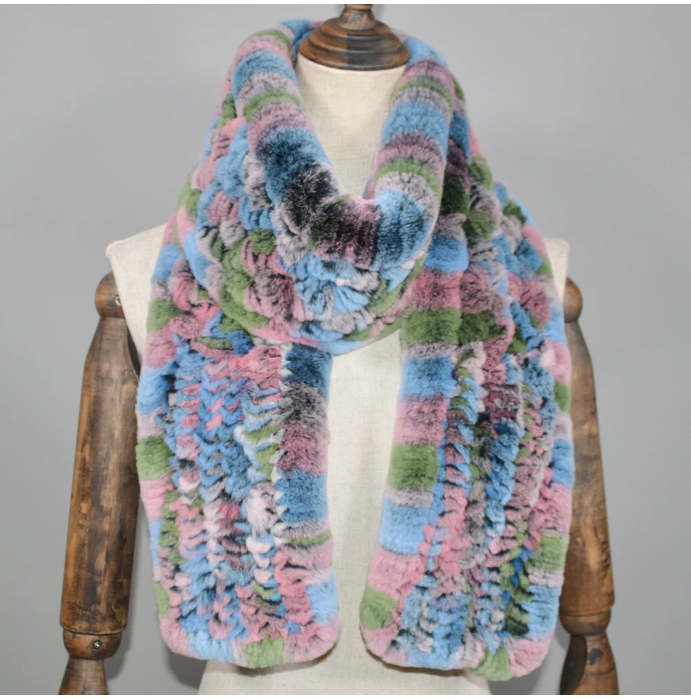 Winter Long Style Women Real Rex Rabbit Fur Scarf Rex Rabbit Fur Warm Soft Ring Scarfs High Quality Knit Rabbit Fur Scarves