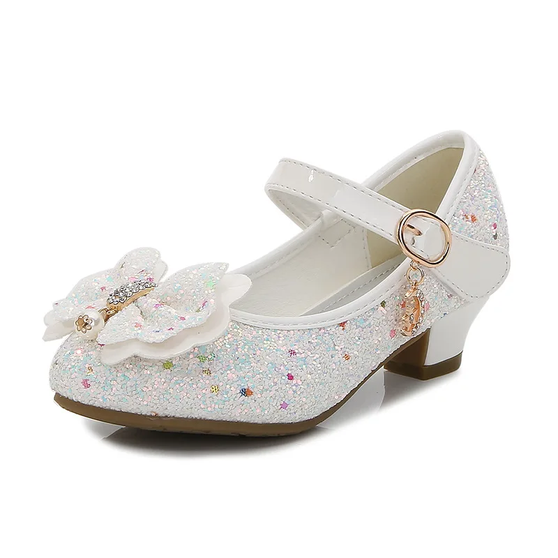 

2021 New Princess Kids Leather Shoes for Girls Flower Casual Glitter Children High Heel Girls Shoes Butterfly Knot Size 26-38