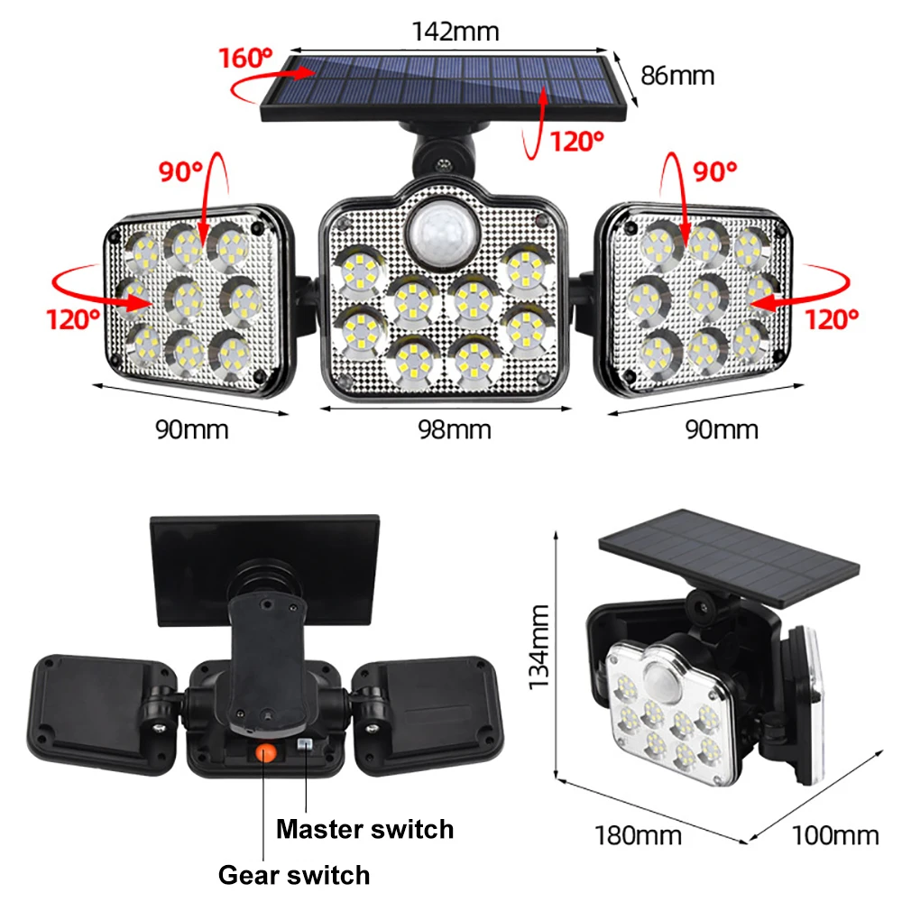 

138/122SMD Solar Led Light Outdoor Waterproof IP65 171Cob Wall Lamp With Adjustable Head Wide Angle Lighting For Country House