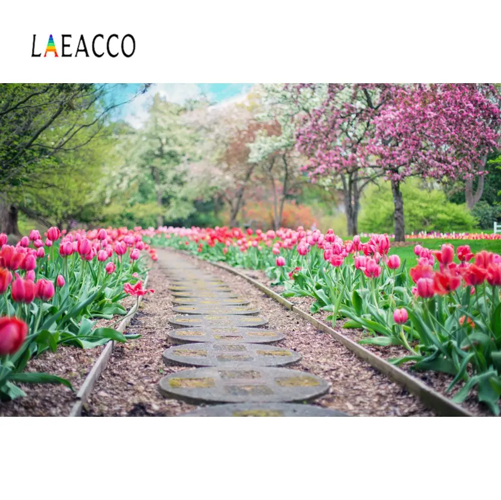 Laeacco Spring Blossom Цветок тюльпаны дерево Rainway боке живописные фото Фоны фотографии фонов для фотостудии