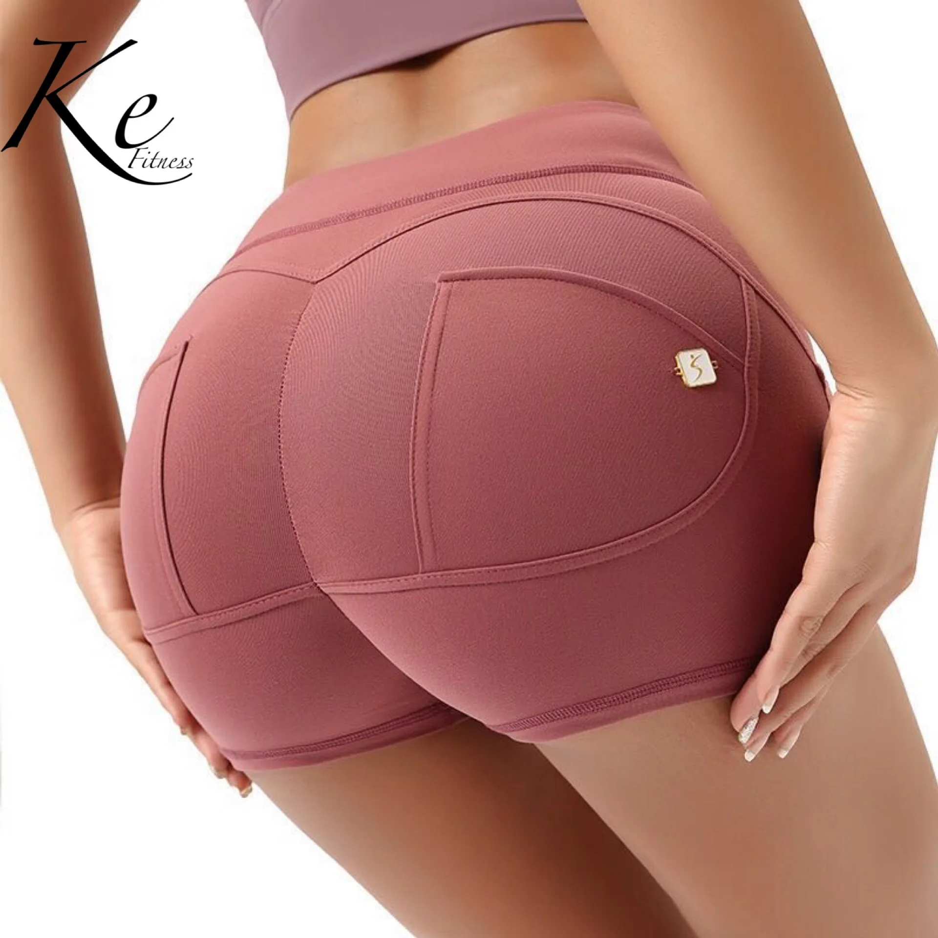 Шорты KE черные персиковые для фитнеса на бедрах облегающие спортивные шорты с