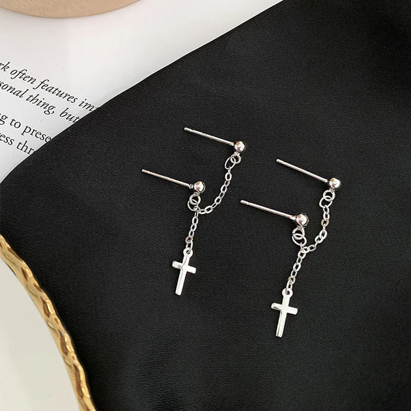 

YC4917E S925 Silver Classic Retro Tassel Double-Ear Hole Cross Earrings Party Gift Evening Woman Jewelry Stud Earrings 2021
