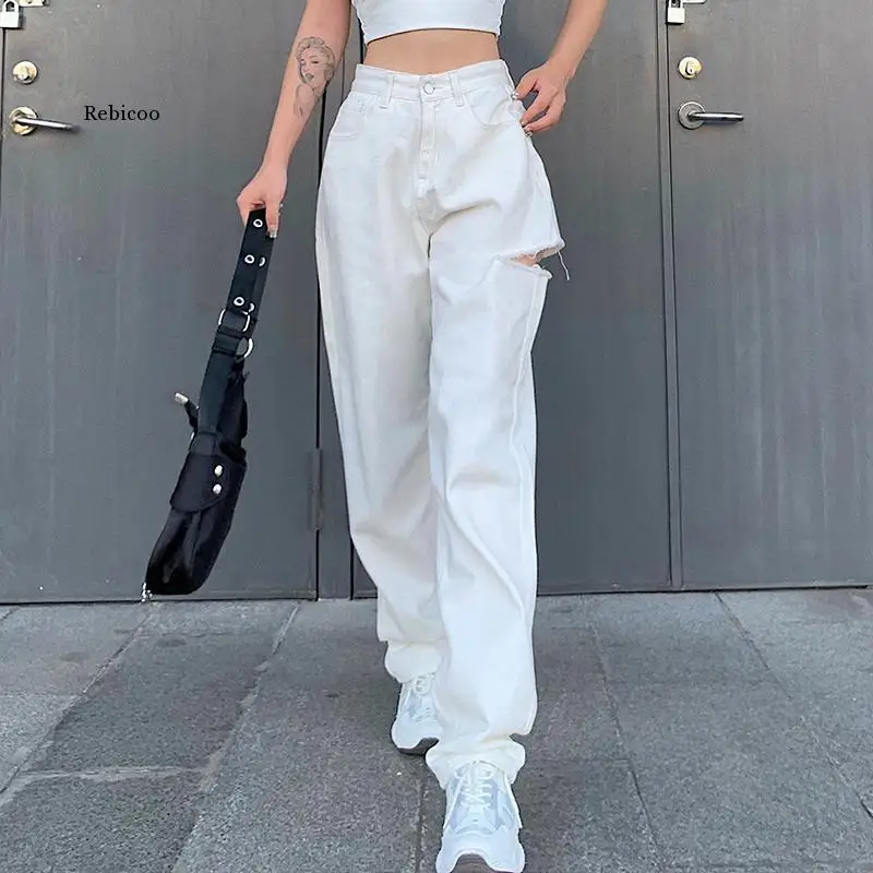 

Fashion Hollow Women's Jeans Slim Trousers Zipper High Waist Denim Trousers Loose Straight-Leg Jeans Korean Streetwear Harajuku