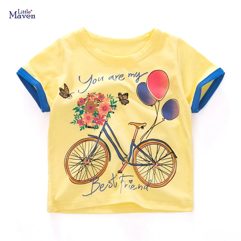 

Little Maven/Новая Летняя коллекция детской одежды желтый велосипедный воздушный шар с цветочным принтом, с круглым вырезом, с короткими рукавам...