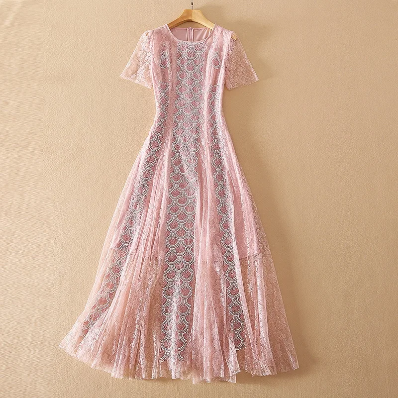 

Женское весеннее Плиссированное розовое платье, в европейском и американском стиле, с коротким рукавом, круглым вырезом и блестками, 2021