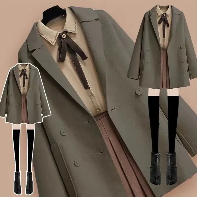 2021 autumn and winter new casual suit jacket long-sleeved bow-knot lapel shirt high-waist pleated mini skirt three-piece female