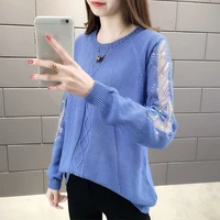 2021 new womens spring autumn lace stitching long sleeve t shirts knitted bottoming shirts sweater plus size 4xl