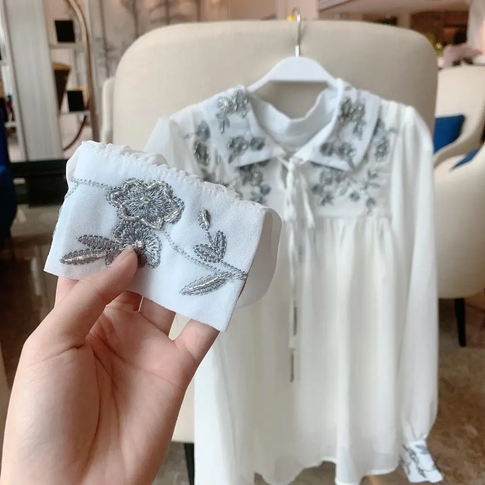 

AELESEEN Runway Fashion White Shirt High Quality Beading Flower Embroidery Office Ladies Elegant Working Blouse