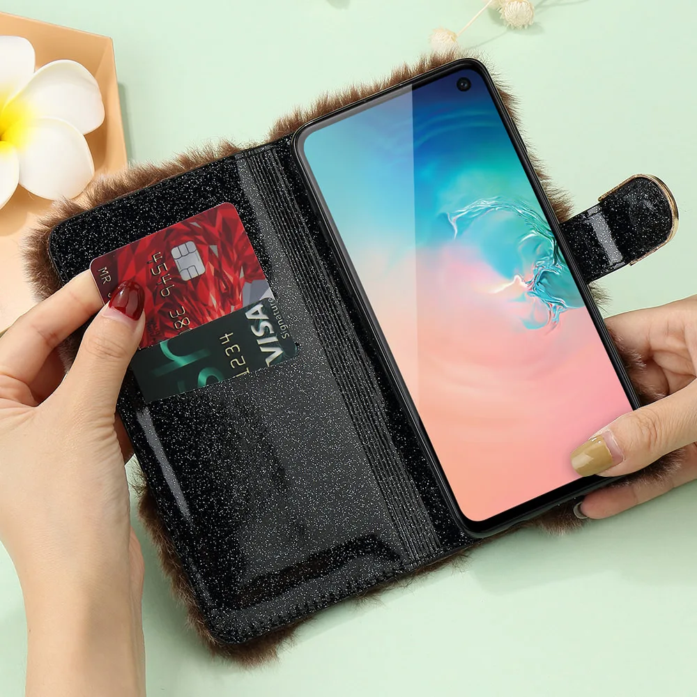 L-FADNUT Роскошный милый меховой пушистый чехол-кошелек для samsung Galaxy S10e Note 9 S9 Plus S8 Note 10 Plus 5G S7 edge мягкое кожанное покрытие