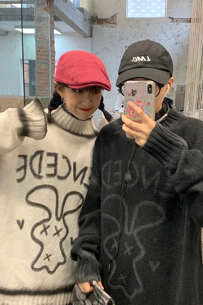 Женский свободный свитер корейской версии с принтом кролика и