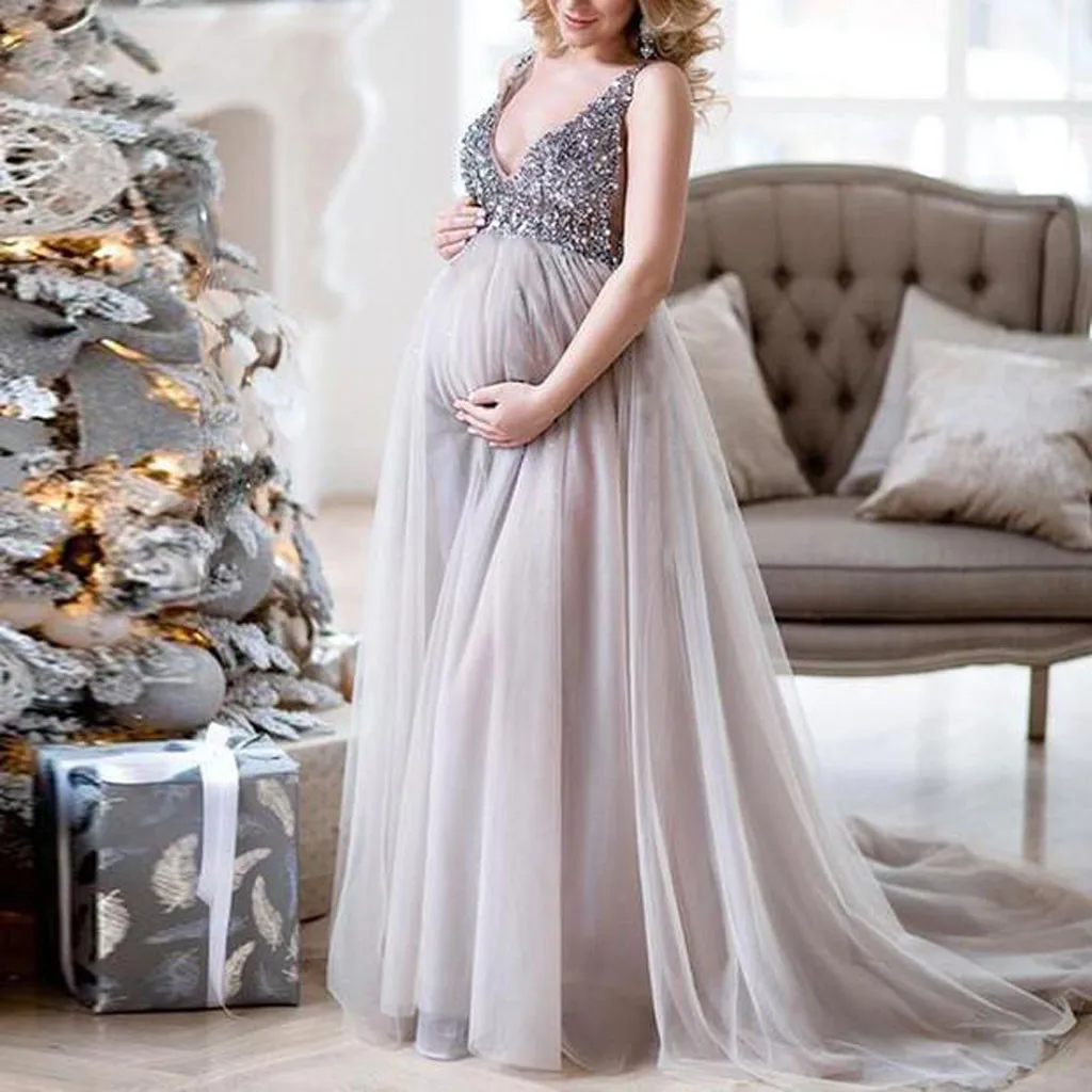 

Sexy Women Pregnant Sling V Neck Sequin Cocktail Long Maxi Prom Gown Dress Maternity Photography Long Dress Pregnancy Dress