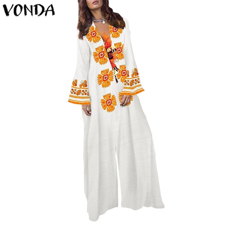 VONDA Bohemian Dress Women'Sundress Vintage Sleeve Print Party Maxi Long Dress Holiday Female Casual Vestido Plus Size